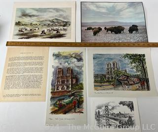 Selection of Art: Two (2) Paris Watercolors; Photo of Buffaloes; Print of  Military Actions and Golden Gate Bridge. Most signed by artists