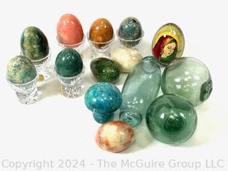 Collection of Alabaster Marble Eggs on German Crystal Riser and Three (3) Blown Glass Fish Net Floats.