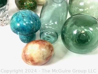 Collection of Alabaster Marble Eggs on German Crystal Riser and Three (3) Blown Glass Fish Net Floats.