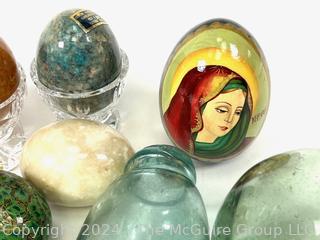 Collection of Alabaster Marble Eggs on German Crystal Riser and Three (3) Blown Glass Fish Net Floats.