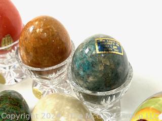 Collection of Alabaster Marble Eggs on German Crystal Riser and Three (3) Blown Glass Fish Net Floats.