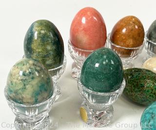 Collection of Alabaster Marble Eggs on German Crystal Riser and Three (3) Blown Glass Fish Net Floats.