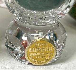 Collection of Alabaster Marble Eggs on German Crystal Riser and Three (3) Blown Glass Fish Net Floats.