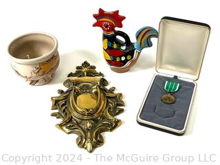 NEMADJI Pottery Bowl, Brass Door Knocker, Civilian Medal and Souvenir Ceramic Rooster from Portugal