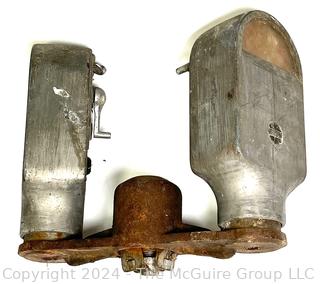 Early (1950) Dual Metal Parking Meters on Bracket. Manufactured by Duncan 