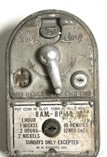 Early (1950) Dual Metal Parking Meters on Bracket. Manufactured by Duncan 