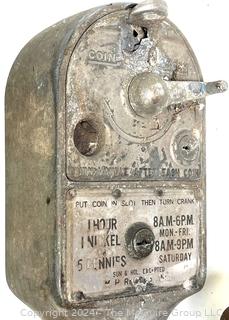 Early (1950) Dual Metal Parking Meters on Bracket. Manufactured by Duncan 