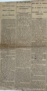 Portions of July 2, 1881 Evening Star Newspaper Reporting the Assassination of President Garfield