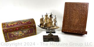 Painted Wood Dome Lid Box, Carved Bookstand, Handcrafted Horn Ship and Hand Forged Iron Lock 