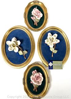 Four (4) Framed with Velvet Backing Capodimonte Flower Plaques