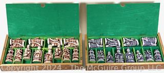 Asian Motif Lucite Chess Set in Folding Travel Case Stone Glaze Porcelain Chess Pieces