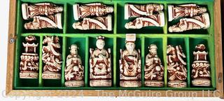 Asian Motif Lucite Chess Set in Folding Travel Case Stone Glaze Porcelain Chess Pieces