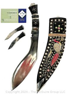 Antique 19 Century India Gurkha Kukri Fighting Knife with Beaded Sheath and Two (2) Miniature Knives