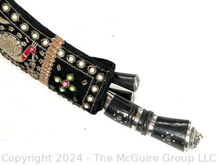 Antique 19 Century India Gurkha Kukri Fighting Knife with Beaded Sheath and Two (2) Miniature Knives