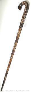 Antique Crook Style Carved Wood Cane with Mother of Pearl Inlays (India)