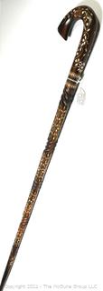 Antique Crook Style Carved Wood Cane with Mother of Pearl Inlays (India)