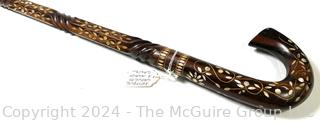 Antique Crook Style Carved Wood Cane with Mother of Pearl Inlays (India)