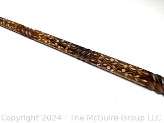 Antique Crook Style Carved Wood Cane with Mother of Pearl Inlays (India)