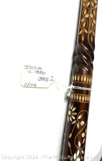 Antique Crook Style Carved Wood Cane with Mother of Pearl Inlays (India)