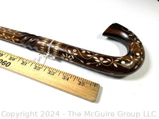 Antique Crook Style Carved Wood Cane with Mother of Pearl Inlays (India)