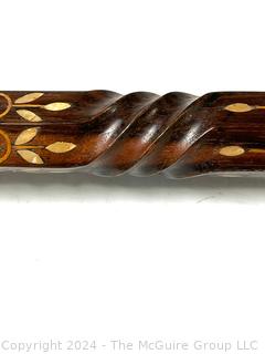 Antique Crook Style Carved Wood Cane with Mother of Pearl Inlays (India)