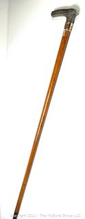 Straight Wood Cane With  Antler Form Sterling Handle. Engraved Monogrammed "CFW" 10K Gold Band