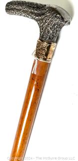 Straight Wood Cane With  Antler Form Sterling Handle. Engraved Monogrammed "CFW" 10K Gold Band