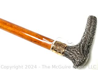 Straight Wood Cane With  Antler Form Sterling Handle. Engraved Monogrammed "CFW" 10K Gold Band