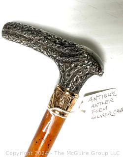 Straight Wood Cane With  Antler Form Sterling Handle. Engraved Monogrammed "CFW" 10K Gold Band