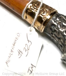 Straight Wood Cane With  Antler Form Sterling Handle. Engraved Monogrammed "CFW" 10K Gold Band