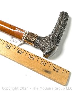 Straight Wood Cane With  Antler Form Sterling Handle. Engraved Monogrammed "CFW" 10K Gold Band