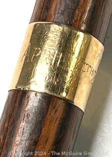 Crook Style Wood Walking Cane with 14kt Gold Band with Inscription "April 4th '28"