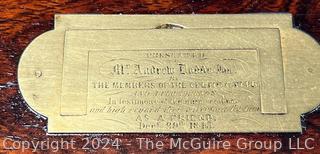 19th Century English Campaign Style Brass Mounted Mahogany Box with Presentation Plaque That Reads "Mr. Andrew Dodds By The Members Of The Celtic Club And A Few Friends In Testimony Of The Warm Esteem And High Regard They Have For His As A Friend, December 29th, 1843"