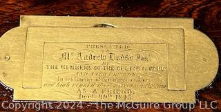 19th Century English Campaign Style Brass Mounted Mahogany Box with Presentation Plaque That Reads "Mr. Andrew Dodds By The Members Of The Celtic Club And A Few Friends In Testimony Of The Warm Esteem And High Regard They Have For His As A Friend, December 29th, 1843"