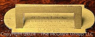 19th Century English Campaign Style Brass Mounted Mahogany Box with Presentation Plaque That Reads "Mr. Andrew Dodds By The Members Of The Celtic Club And A Few Friends In Testimony Of The Warm Esteem And High Regard They Have For His As A Friend, December 29th, 1843"