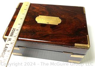 19th Century English Campaign Style Brass Mounted Mahogany Box with Presentation Plaque That Reads "Mr. Andrew Dodds By The Members Of The Celtic Club And A Few Friends In Testimony Of The Warm Esteem And High Regard They Have For His As A Friend, December 29th, 1843"