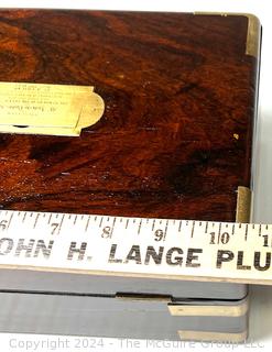 19th Century English Campaign Style Brass Mounted Mahogany Box with Presentation Plaque That Reads "Mr. Andrew Dodds By The Members Of The Celtic Club And A Few Friends In Testimony Of The Warm Esteem And High Regard They Have For His As A Friend, December 29th, 1843"