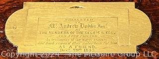 19th Century English Campaign Style Brass Mounted Mahogany Box with Presentation Plaque That Reads "Mr. Andrew Dodds By The Members Of The Celtic Club And A Few Friends In Testimony Of The Warm Esteem And High Regard They Have For His As A Friend, December 29th, 1843"