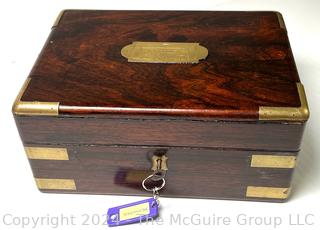 19th Century English Campaign Style Brass Mounted Mahogany Box with Presentation Plaque That Reads "Mr. Andrew Dodds By The Members Of The Celtic Club And A Few Friends In Testimony Of The Warm Esteem And High Regard They Have For His As A Friend, December 29th, 1843"