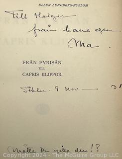 Book: Fran Fyrison till Capris Klipper av Ellen Lundberg-Nyblom. Published in Stockholm by Hugo Gebers Forlag 1931.  Red fine grained Quarter Moroccan leather with Marbled Boards.  1st Edition