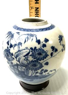 Blue and White Hand Painted Chinese Porcelain Ginger Jar, Missing Lid. circa 1850