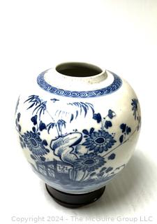 Blue and White Hand Painted Chinese Porcelain Ginger Jar, Missing Lid. circa 1850