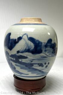 Blue and White Hand Painted Chinese Porcelain Ginger Jar on Wood Base, Missing Lid circa 1850