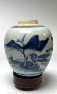 Blue and White Hand Painted Chinese Porcelain Ginger Jar on Wood Base, Missing Lid circa 1850