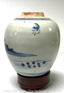 Blue and White Hand Painted Chinese Porcelain Ginger Jar on Wood Base, Missing Lid circa 1850