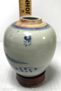 Blue and White Hand Painted Chinese Porcelain Ginger Jar on Wood Base, Missing Lid circa 1850