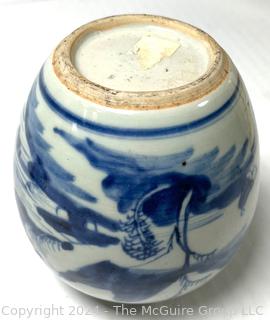 Blue and White Hand Painted Chinese Porcelain Ginger Jar on Wood Base, Missing Lid circa 1850