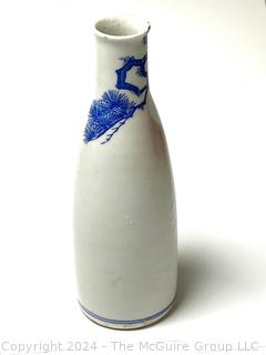 Blue & White Porcelain Japanese Sake Bottle with Signature on Bottom. 7" Tall