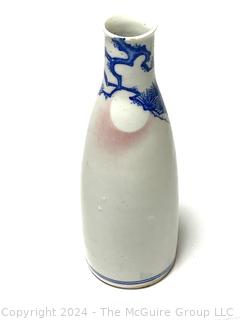 Blue & White Porcelain Japanese Sake Bottle with Signature on Bottom. 7" Tall