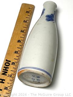 Blue & White Porcelain Japanese Sake Bottle with Signature on Bottom. 7" Tall